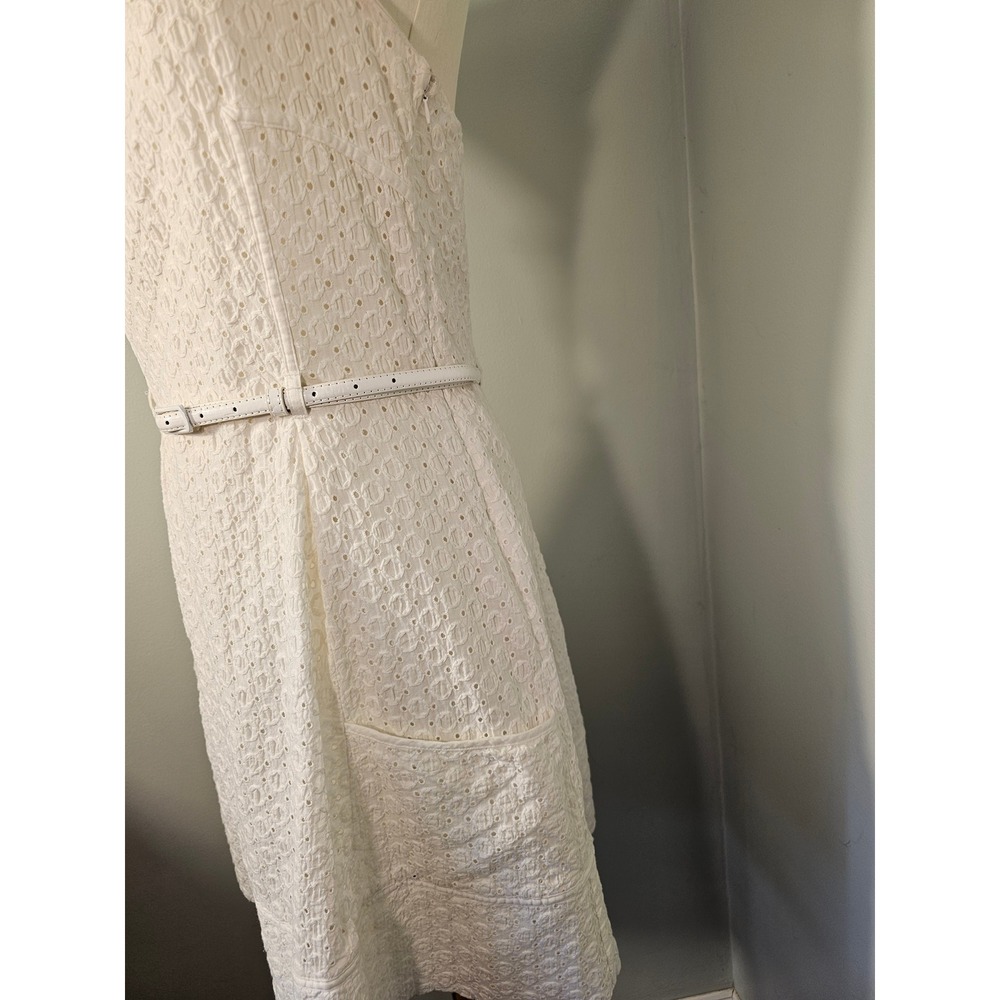 London Times White Eyelet Halter Dress with Belt and Pockets Fully Lined Size 8 - Picture 5 of 6